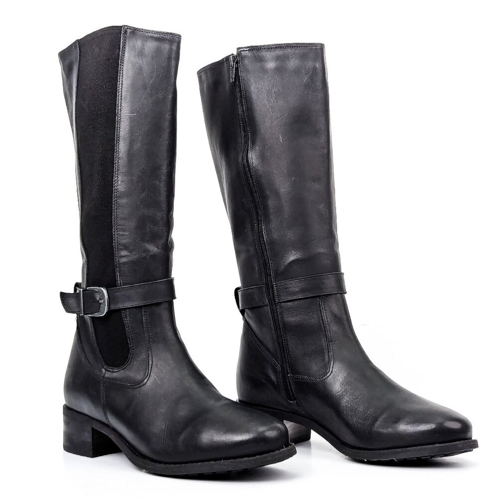 David Tate Wmn Allegria Black Leather Wide Calf Riding Stretch Tall Boots sz 8.5